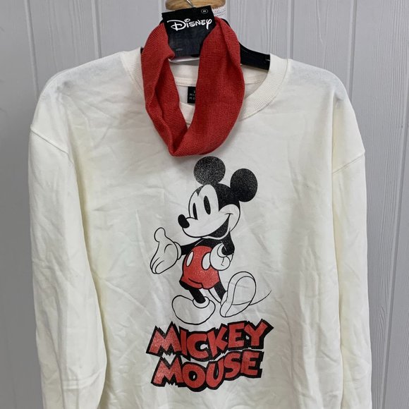 Mickey Mouse Cream Sweatshirt Sz Medium w/ Headband Distressed Print Disney - Picture 1 of 3